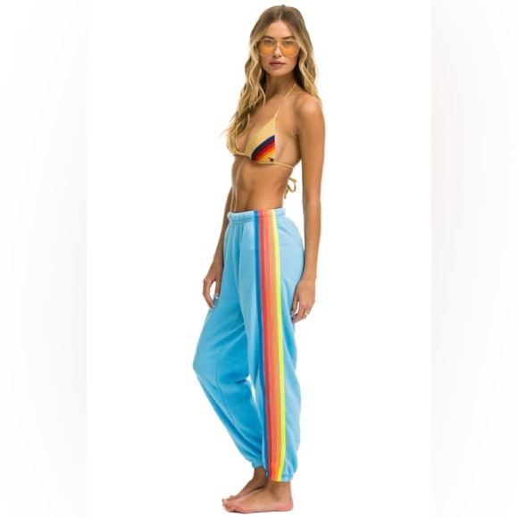 Aviator Nation 5 STRIPE SWEATPANTS in SKY blue and NEON RAINBOW size small - Picture 1 of 7